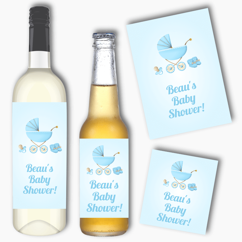 Personalised Pastel Blue Vintage Pram Baby Shower Wine & Beer Labels
