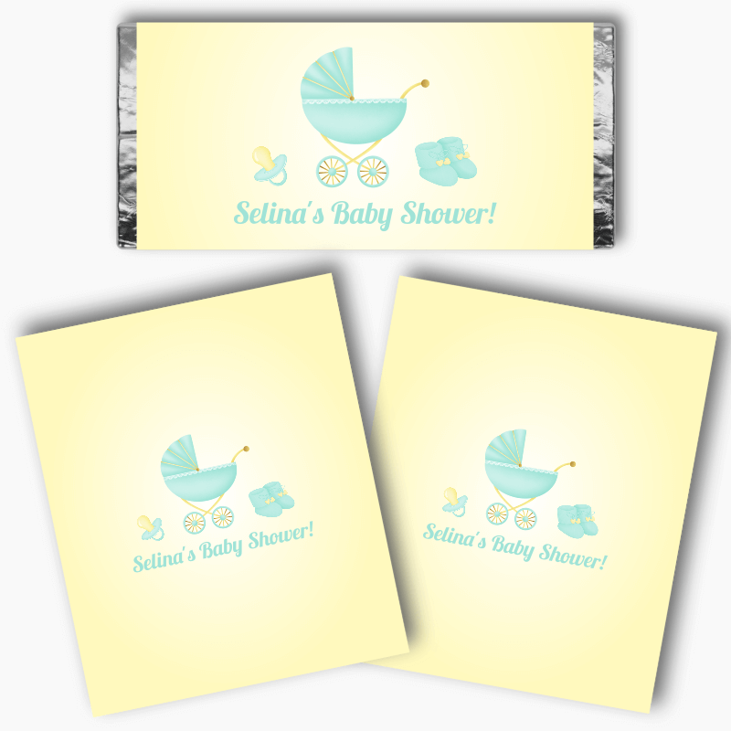 Personalised Pastel Mint & Lemon Vintage Pram Baby Shower Mini Chocolate Labels