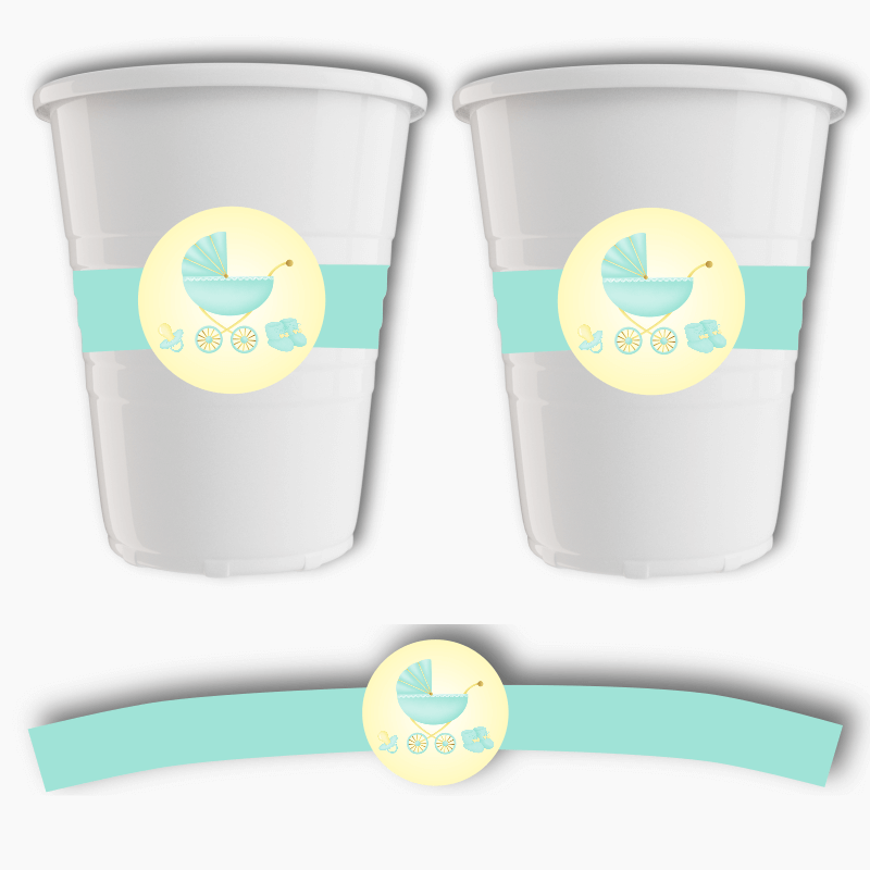 Pastel Mint & Lemon Vintage Pram Baby Shower Cup Stickers