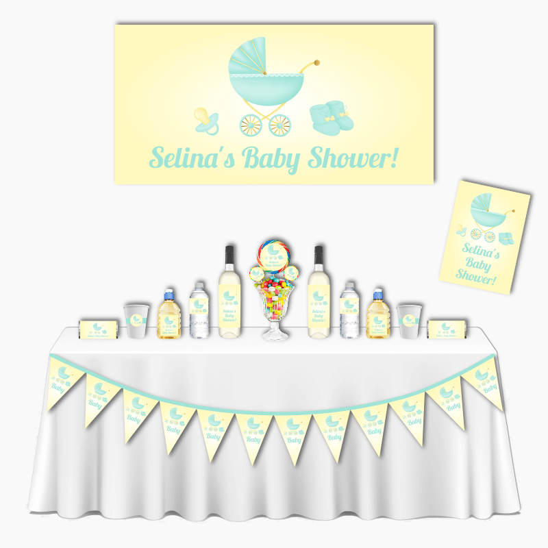 Personalised Pastel Mint &amp; Lemon Vintage Pram Baby Shower Deluxe Party Decorations Pack