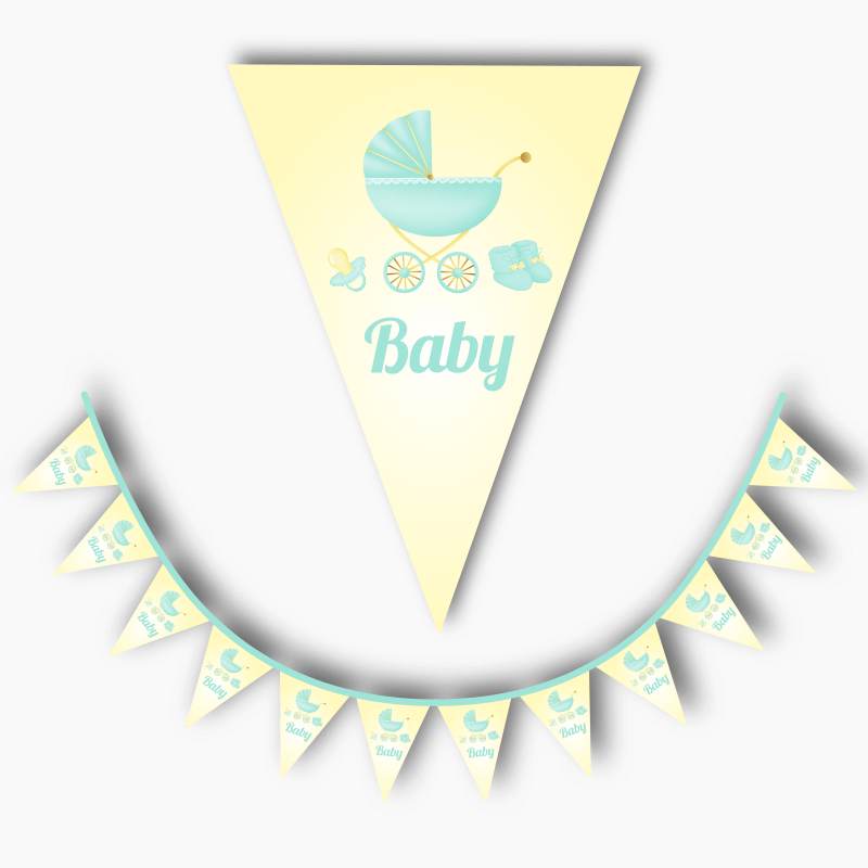 Personalised Pastel Mint & Lemon Vintage Pram Baby Shower Flag Bunting