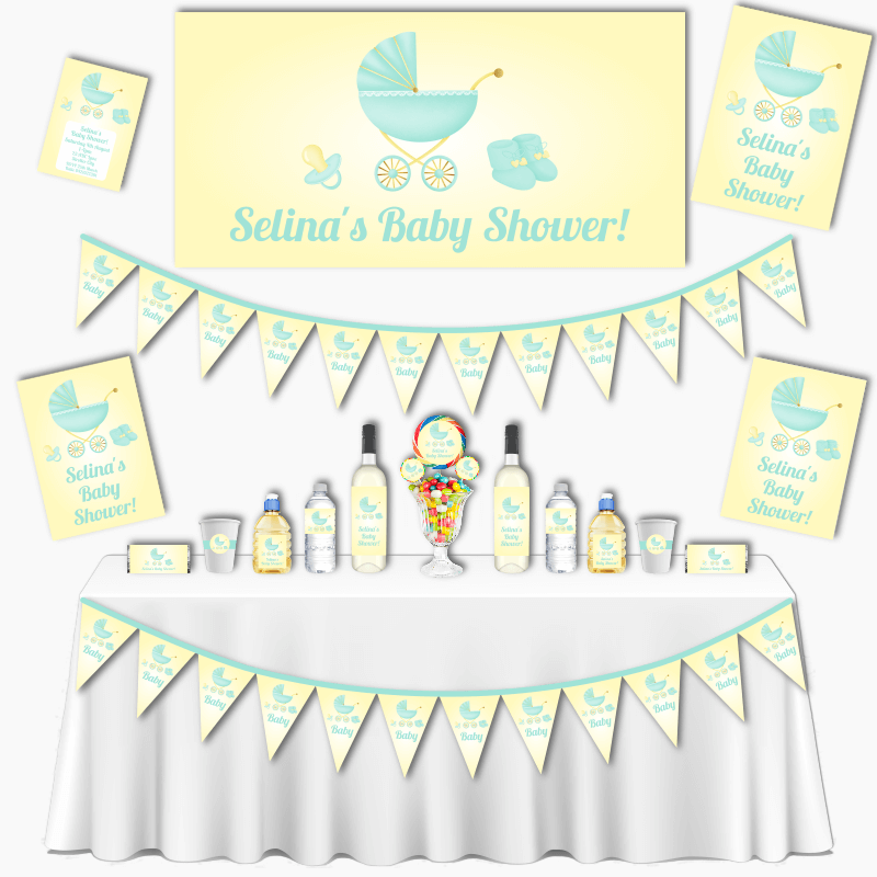 Personalised Pastel Mint &amp; Lemon Vintage Pram Baby Shower Grand Party Decorations Pack