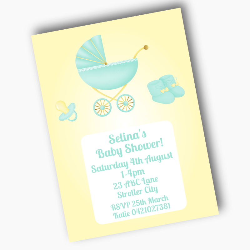 Personalised Pastel Mint & Lemon Vintage Pram Baby Shower Invites