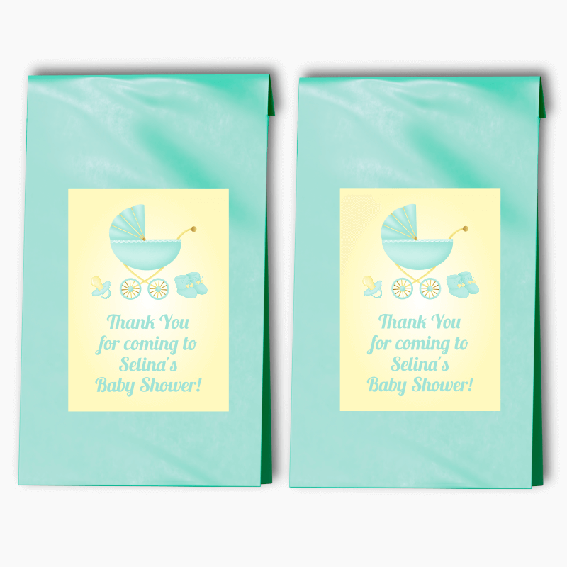 Personalised Pastel Mint & Lemon Vintage Pram Party Bags & Labels