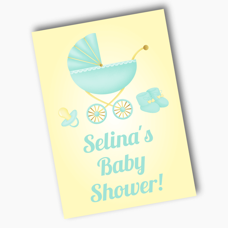 Personalised Pastel Mint & Lemon Vintage Pram Baby Shower Posters
