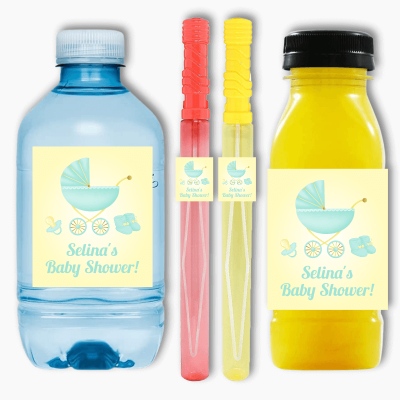 Pastel Mint &amp; Lemon Pram Baby Shower Rectangle Favour Stickers