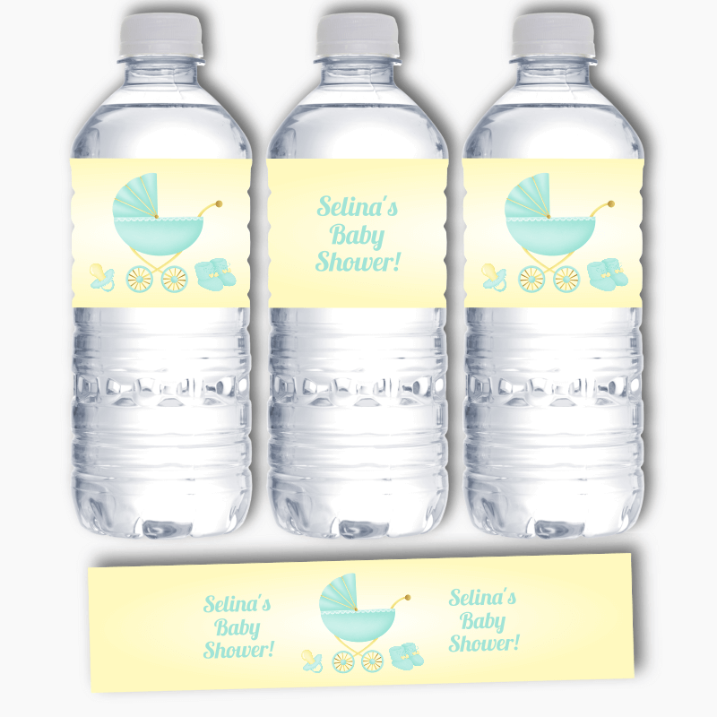 Personalised Pastel Mint & Lemon Vintage Pram Baby Shower Water Bottle Labels