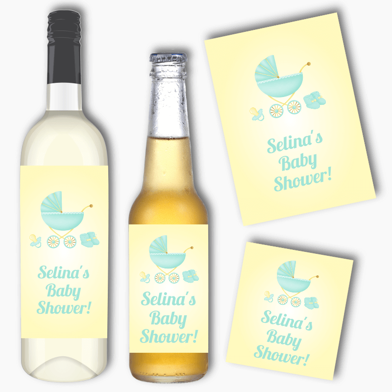 Personalised Pastel Mint & Lemon Vintage Pram Baby Shower Wine & Beer Labels