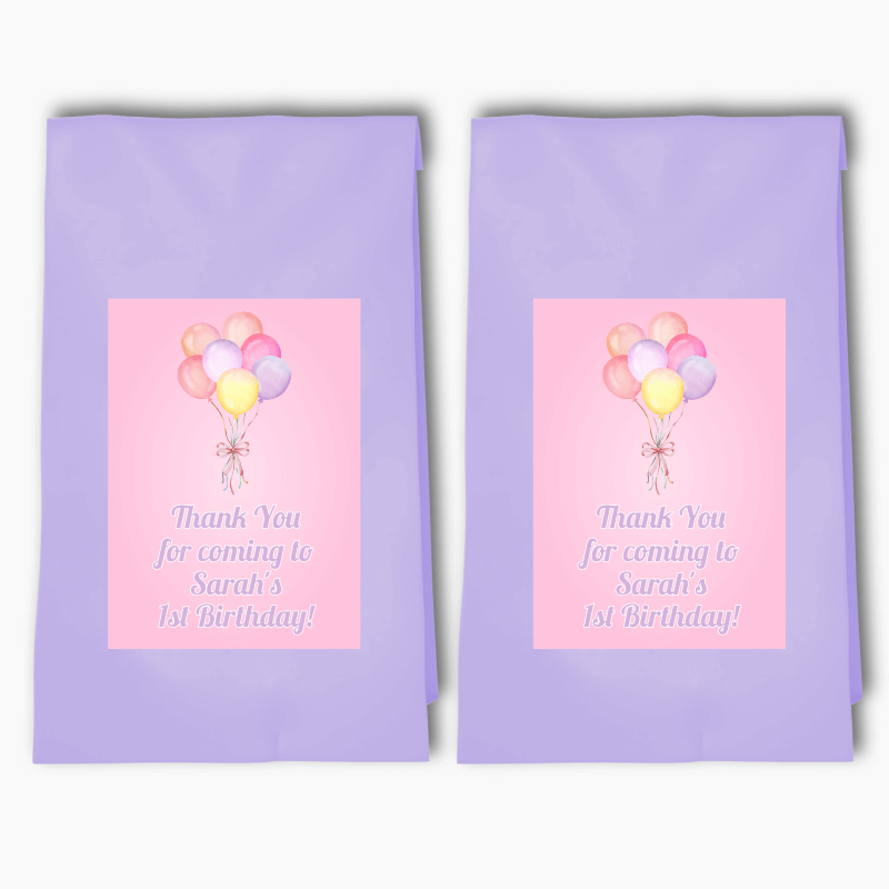 Personalised Pastel Pink Balloons Birthday Party Bags &amp; Labels