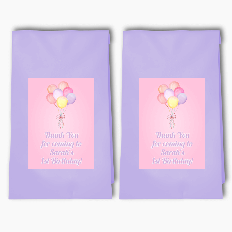 Personalised Pastel Pink Balloons Birthday Party Bags & Labels