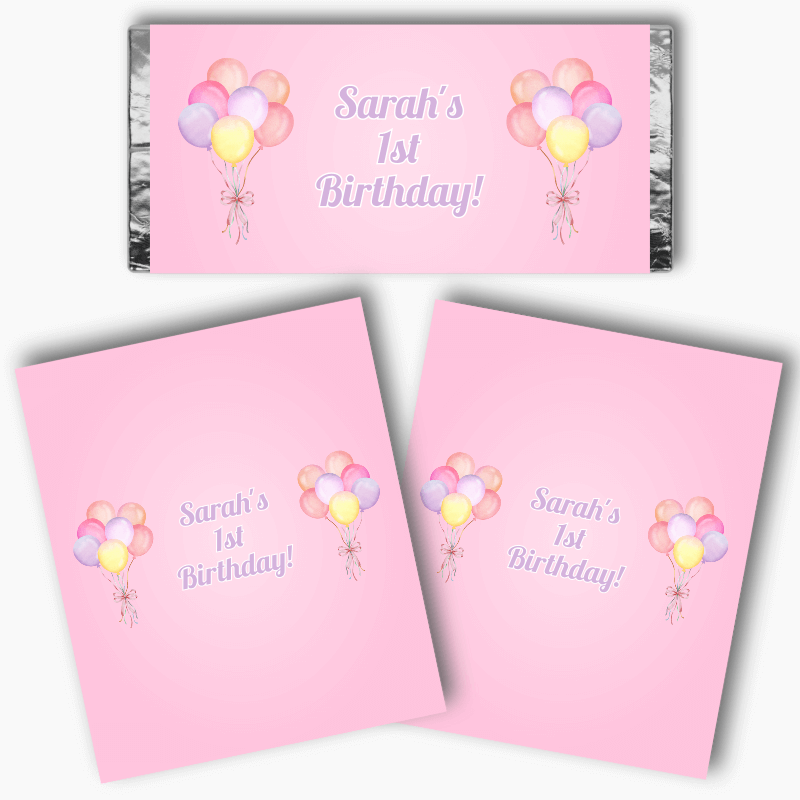 Personalised Pastel Pink Balloons Birthday Party Mini Chocolate Labels