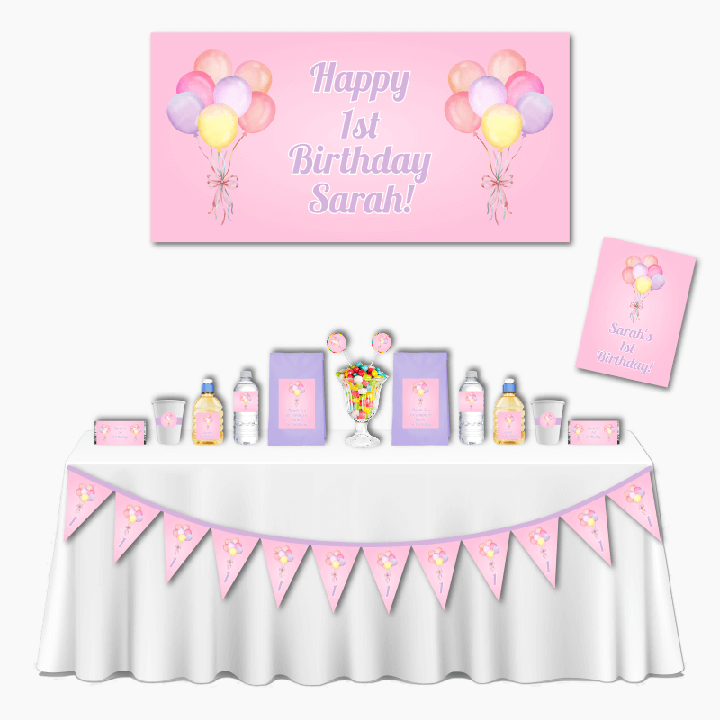 Personalised Pastel Pink Balloons Deluxe Birthday Party Decorations Pack