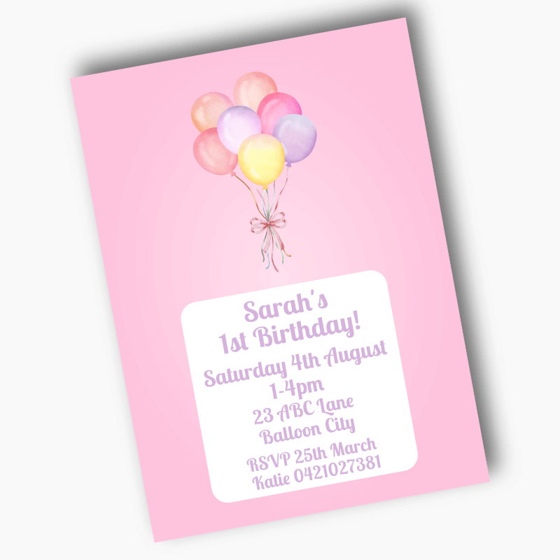 Personalised Pastel Pink Balloons Birthday Party Invites