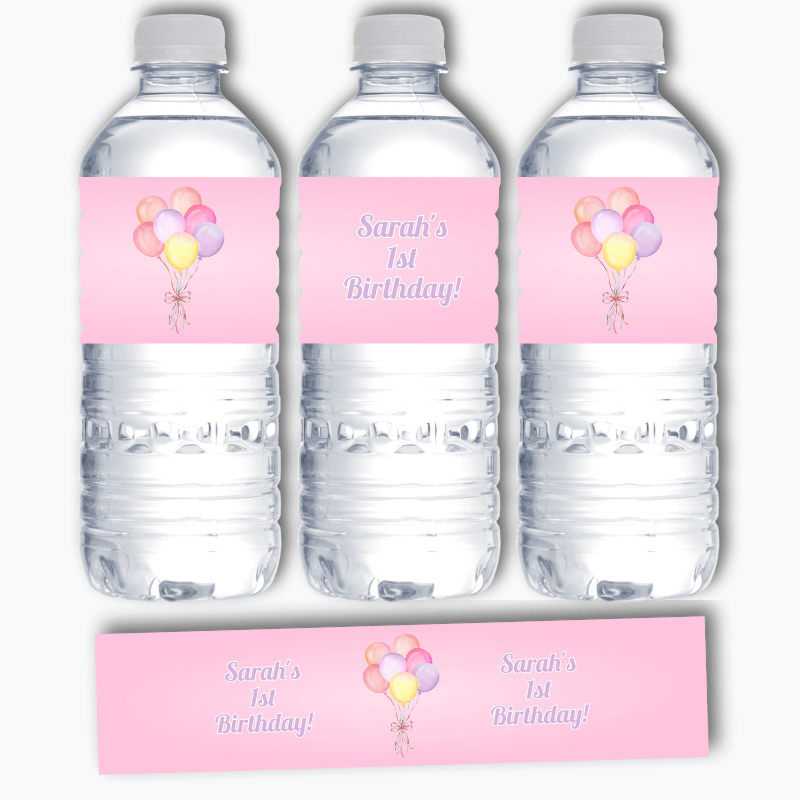 Personalised Pastel Pink Balloons Birthday Party Water Bottle Labels