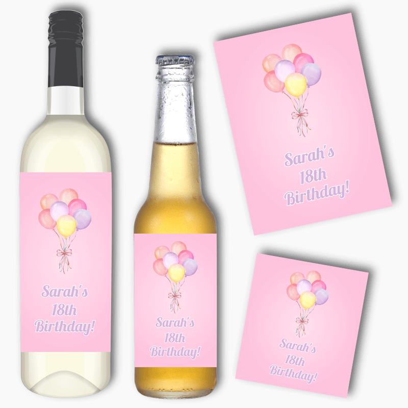 Personalised Pastel Pink Balloons Birthday Party Wine &amp; Beer Labels