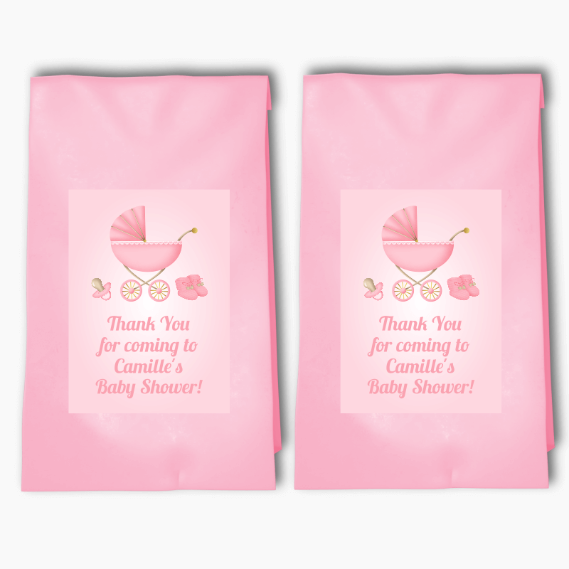 Personalised Pastel Pink Vintage Pram Baby Shower Party Bags &amp; Labels