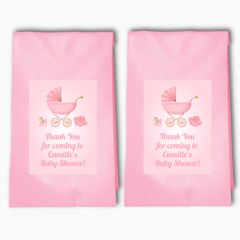 Personalised Pastel Pink Vintage Pram Baby Shower Party Bags & Labels
