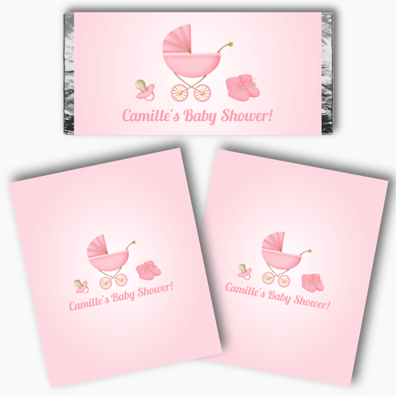 Personalised Pastel Pink Vintage Pram Baby Shower Mini Chocolate Labels