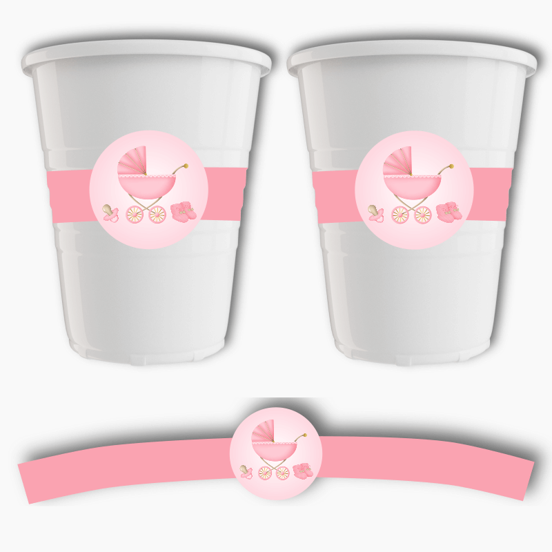 Pastel Pink Vintage Pram Baby Shower Cup Stickers