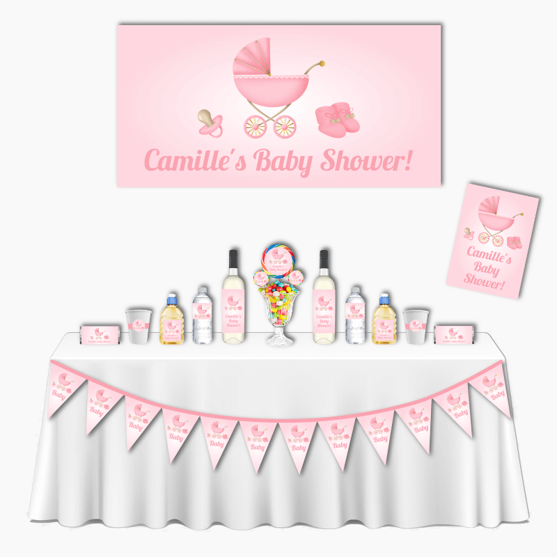 Personalised Pastel Pink Vintage Pram Baby Shower Deluxe Party Decorations Pack