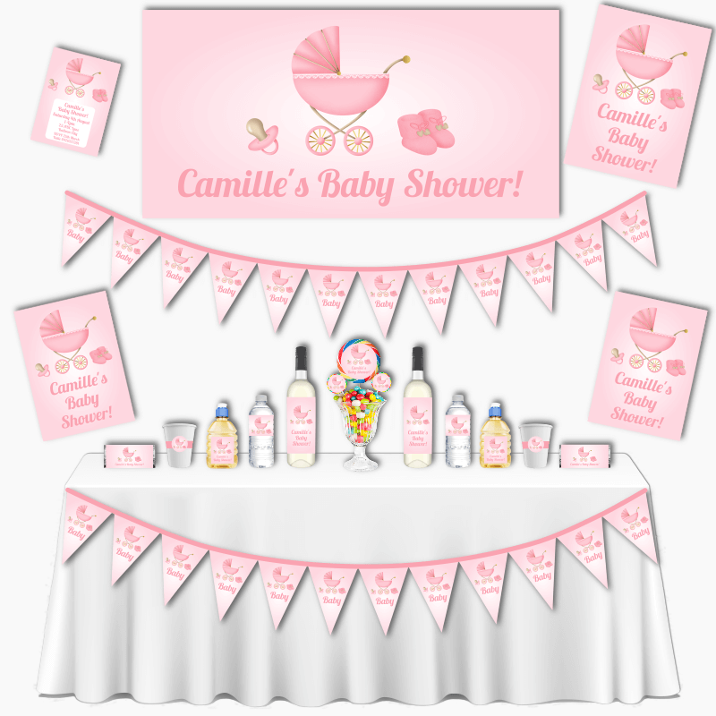 Personalised Pastel Pink Vintage Pram Baby Shower Grand Party Decorations Pack