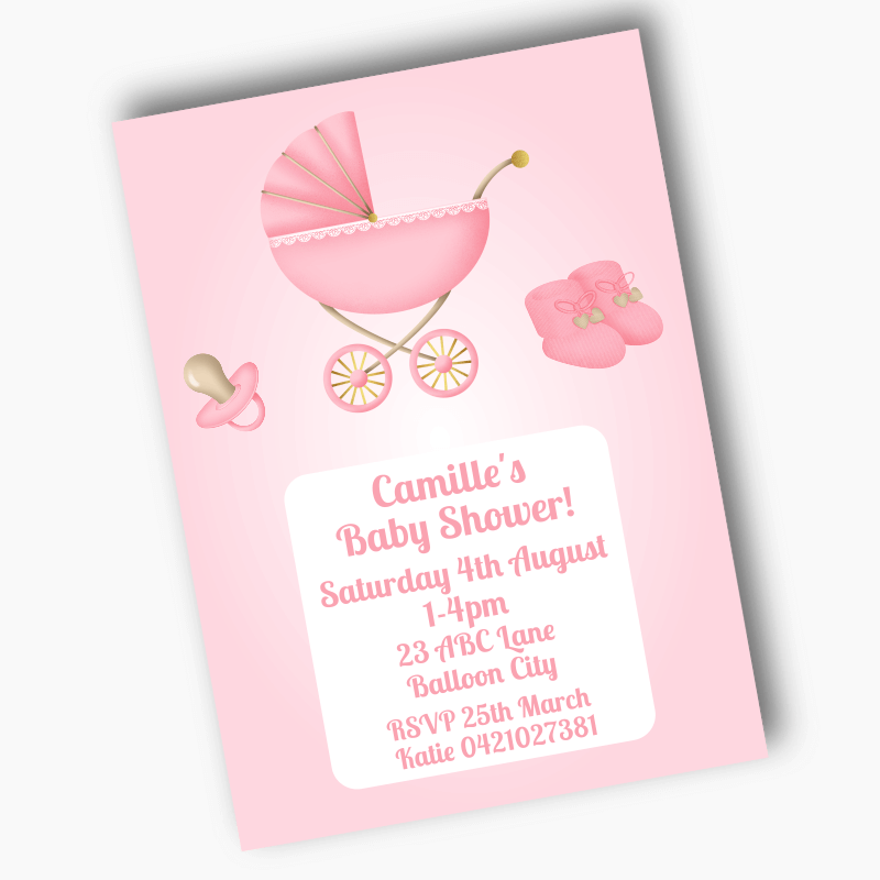 Personalised Pastel Pink Vintage Pram Baby Shower Invites