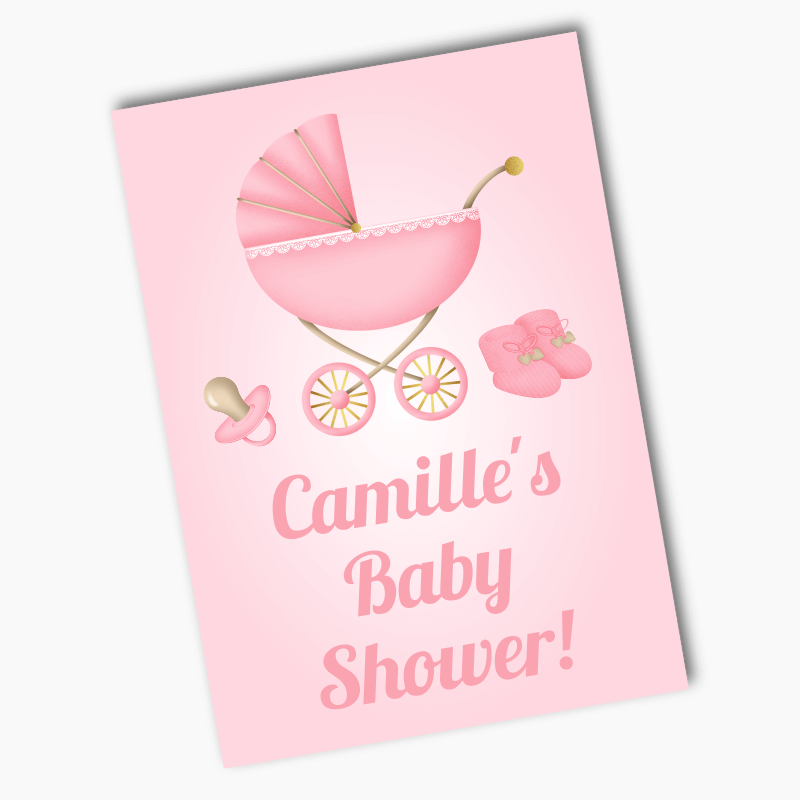 Personalised Pastel Pink Vintage Pram Baby Shower Posters