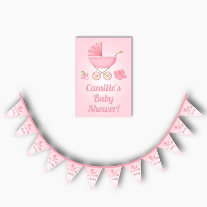 Personalised Pastel Pink Vintage Pram Baby Shower Poster &amp; Flag Bunting Combo