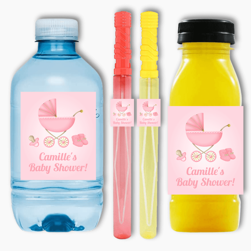 Pastel Pink Pram Baby Shower Rectangle Favour Stickers