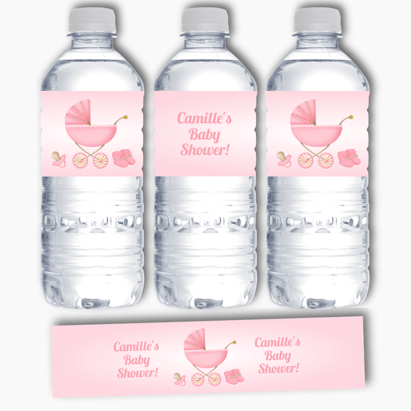 Personalised Pastel Pink Vintage Pram Baby Shower Water Bottle Labels