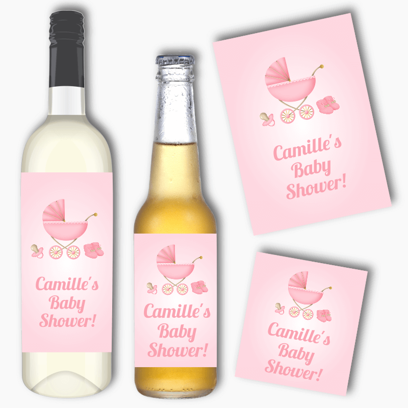 Personalised Pastel Pink Vintage Pram Baby Shower Wine &amp; Beer Labels