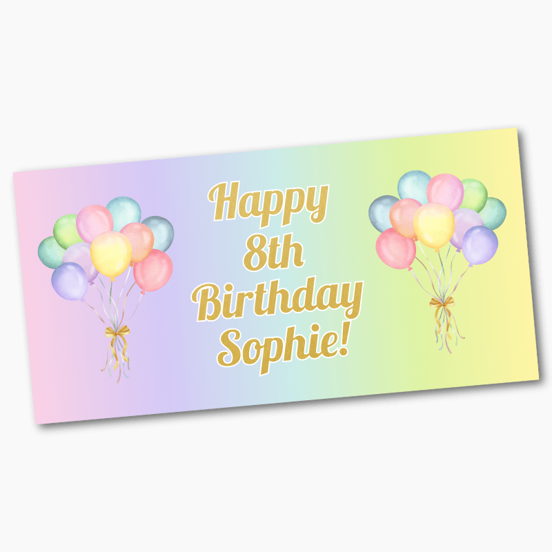 Personalised Pastel Rainbow Balloons Birthday Party Banners