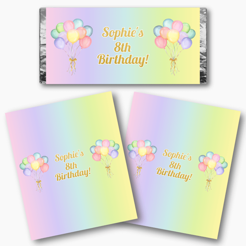 Personalised Pastel Rainbow Balloons Birthday Party Mini Chocolate Labels