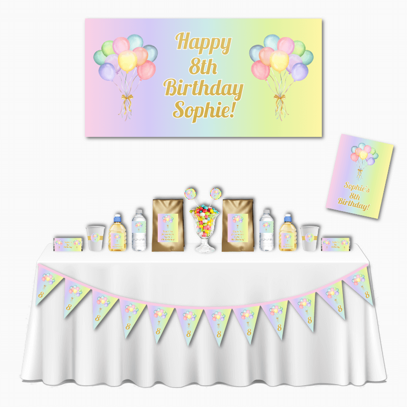 Personalised Pastel Rainbow Balloons Deluxe Birthday Party Decorations Pack