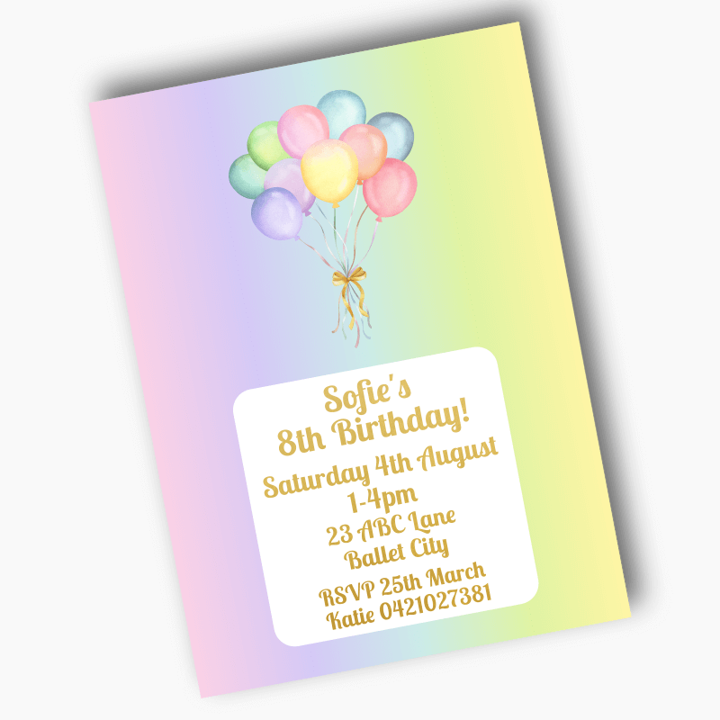 Personalised Pastel Rainbow Balloons Birthday Party Invites