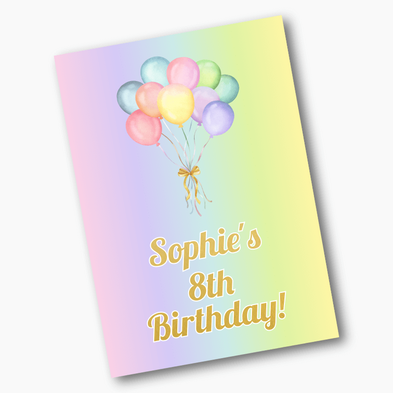 Personalised Pastel Rainbow Balloons Birthday Party Posters