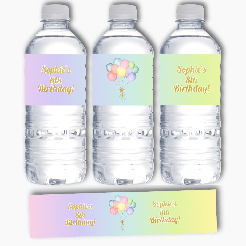 Personalised Pastel Rainbow Balloons Birthday Party Water Bottle Labels