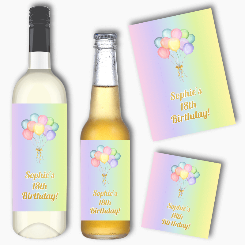 Personalised Pastel Rainbow Balloons Birthday Party Wine &amp; Beer Labels