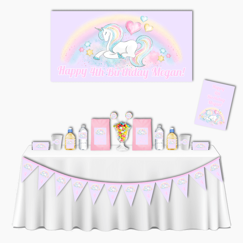Personalised Pastel Rainbow Unicorn Deluxe Birthday Party Decorations Pack