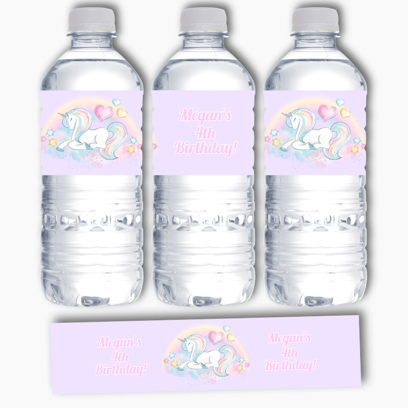 Personalised Pastel Rainbow Unicorn Birthday Party Water Bottle Labels