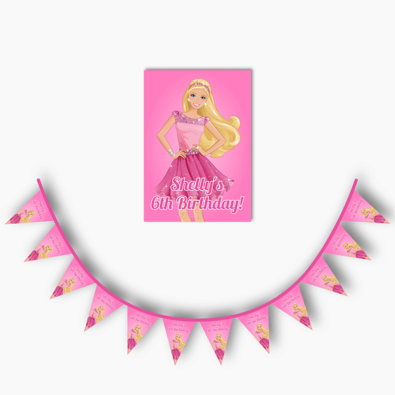 Personalised Barbie Birthday Party Poster &amp; Flag Bunting Combo