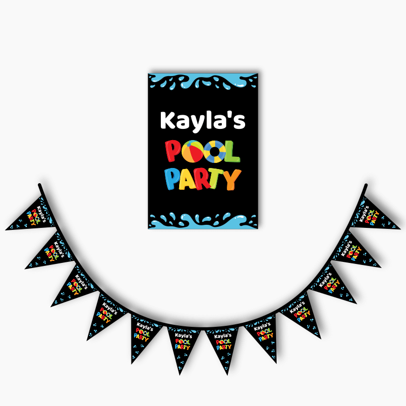 Personalised Boys Pool Party Poster &amp; Bunting Combo - Black