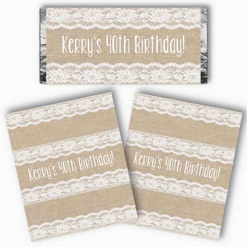 Personalised Burlap &amp; Lace Party Mini Chocolate Labels