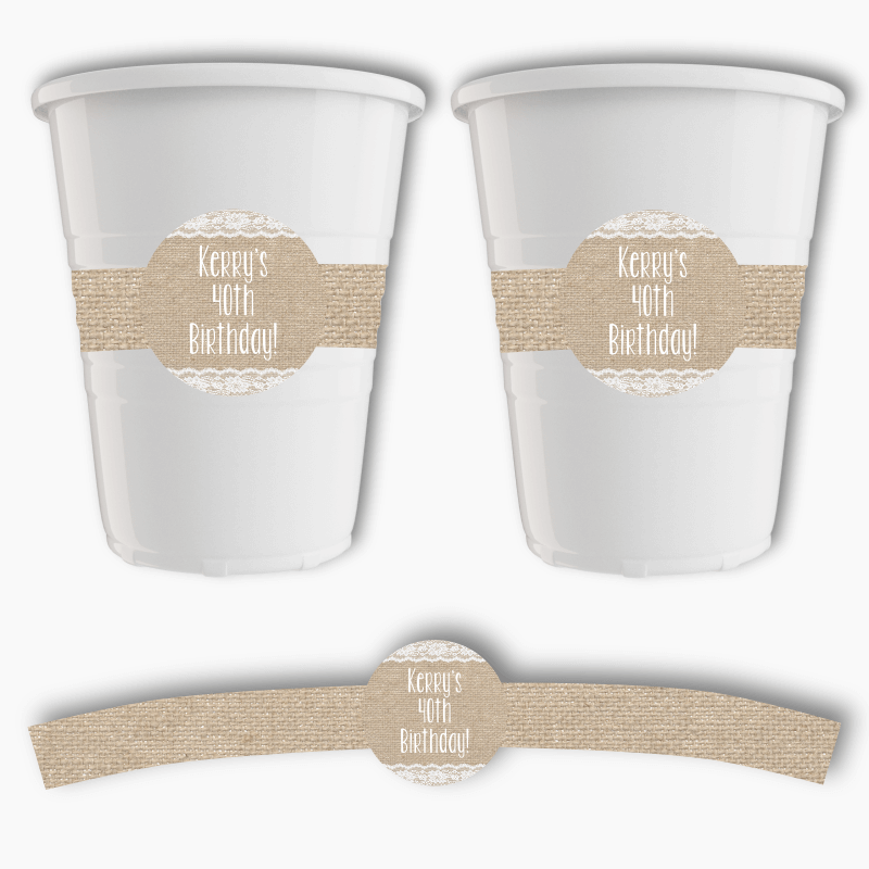 Personalised Burlap &amp; Lace Party Cup Stickers