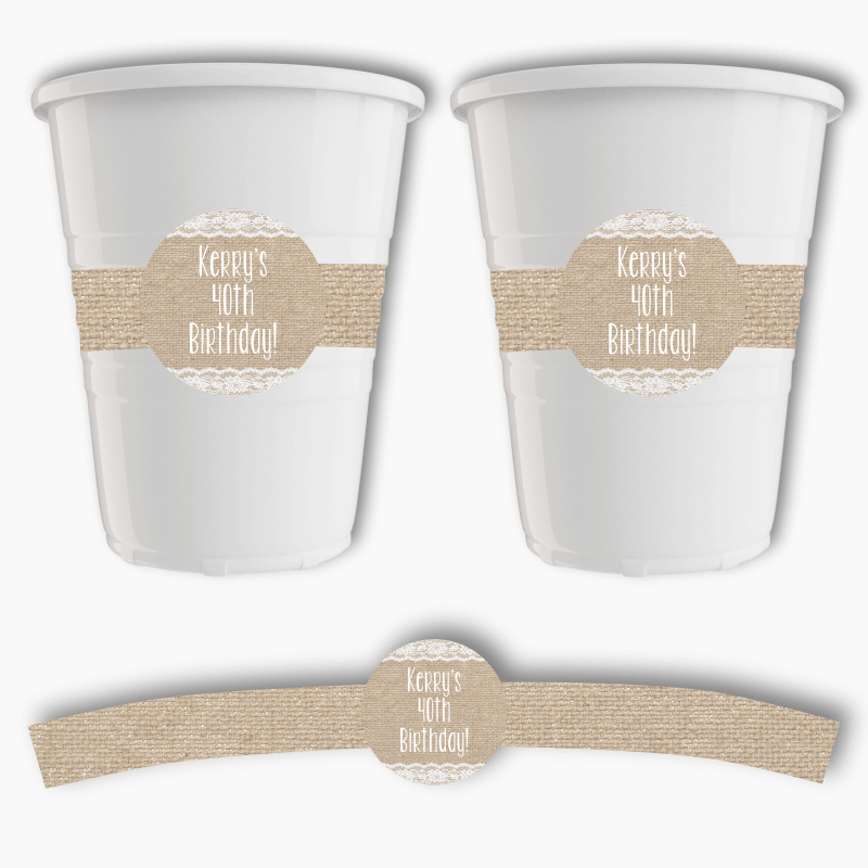 Personalised Burlap & Lace Party Cup Stickers