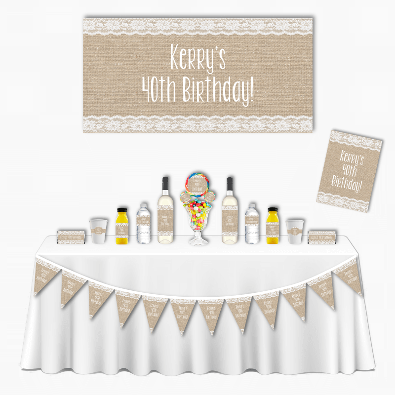 Personalised Burlap &amp; Lace Deluxe Birthday Party Pack