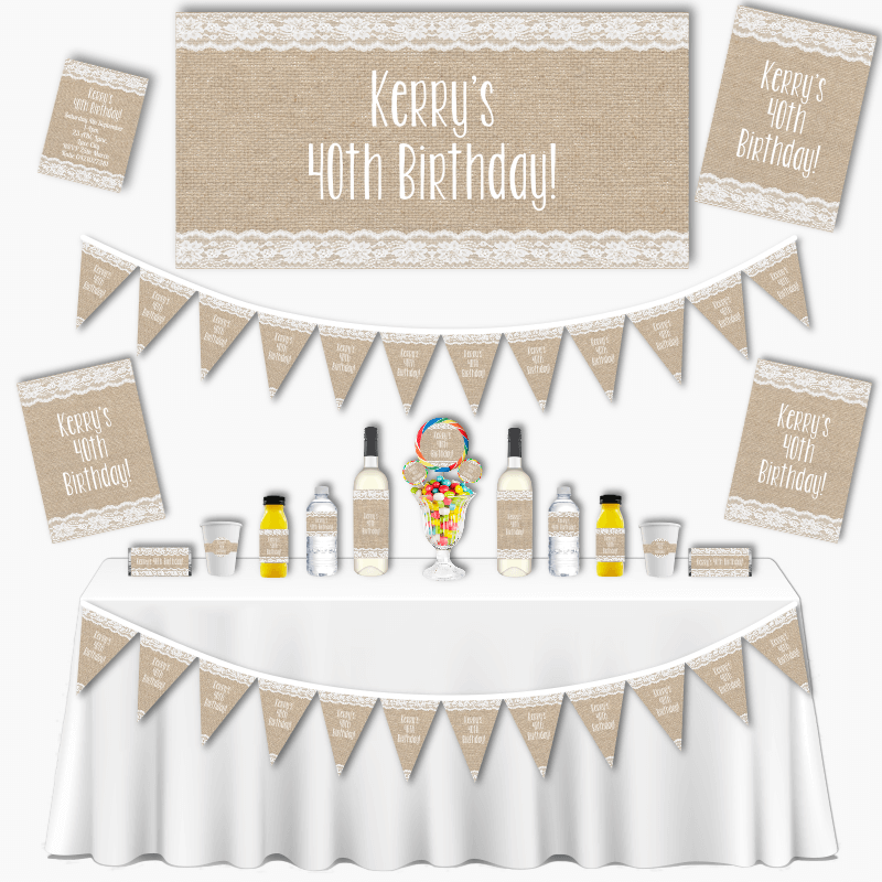 Personalised Burlap &amp; Lace Grand Birthday Party Pack