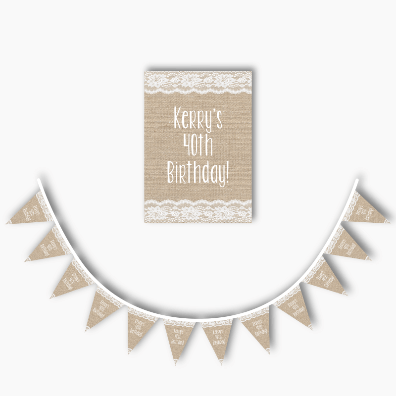 Personalised Burlap &amp; Lace Party Poster &amp; Bunting Combo
