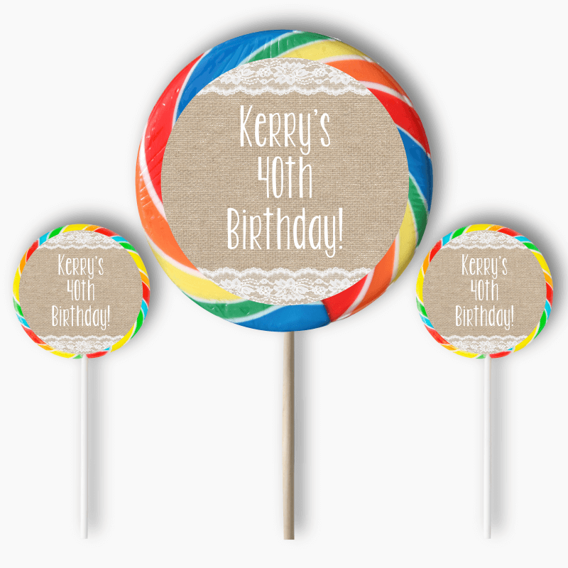 Personalised Burlap & Lace Party Round Stickers