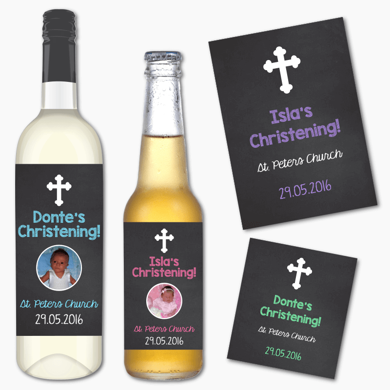 Personalised Chalk Christening Wine &amp; Beer Labels with Photo